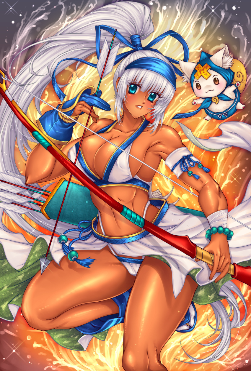 :3 arrow_(projectile) bow breasts dark_skin fire highres john_r large_breasts majikina_mina ponytail samurai_spirits white_hair