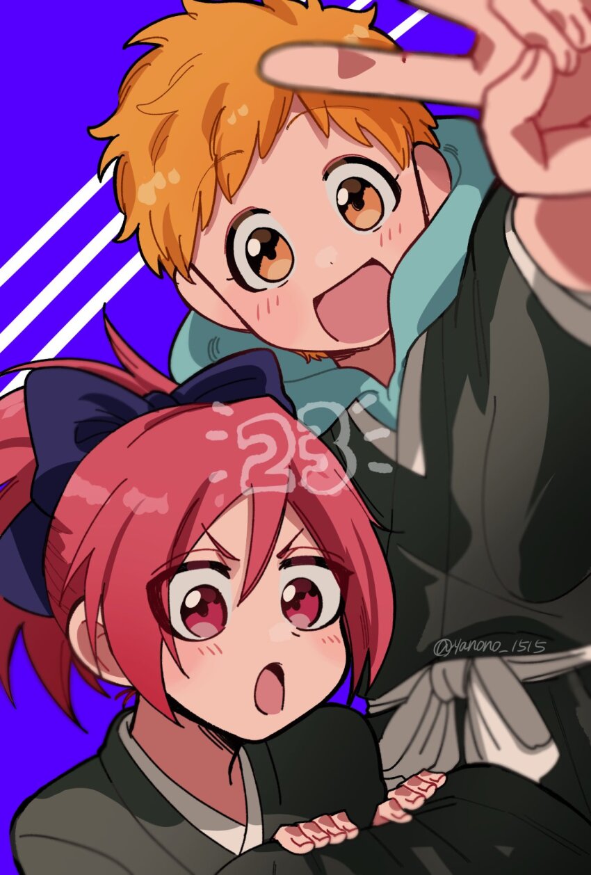 1boy 1girl :d :o abarai_ichika black_kimono bleach bleach:_epilogue blue_background blue_bow blurry blush bow brown_eyes child commentary_request depth_of_field double-parted_bangs eyes_visible_through_hair hair_between_eyes hair_bow happy highres japanese_clothes kimono kurosaki_kazui long_hair long_sleeves looking_at_viewer open_mouth orange_hair outstretched_arm ponytail red_eyes red_hair short_eyebrows short_hair simple_background smile spiked_hair surprised tareme tsurime twitter_username upper_body v v-shaped_eyebrows wide_sleeves yanono_015