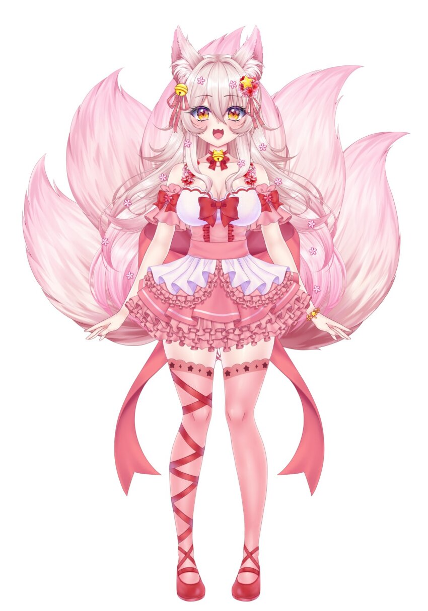 1girl animal_ears blush collar dress fox_ears fox_girl fox_tail hair_ornament highres indie_virtual_youtuber kitsu_(vtuber) kudalive long_hair looking_at_viewer multiple_tails open_mouth orange_eyes pink_dress pink_hair pink_ribbon pink_stockings red_ribbon ribbon simple_background smile star_(symbol) star_hair_ornament tail very_long_hair white_background