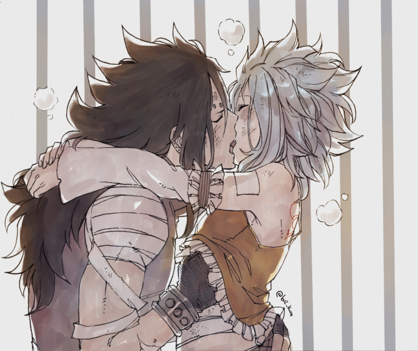 1boy 1girl bandaged_arm bandages black_hair blue_hair blush closed_eyes commentary couple detached_sleeves english_commentary fairy_tail fairy_tail_logo gajeel_redfox gloves heavy_breathing hug kiss levy_mcgarden long_hair medium_hair profile rusky sleeveless twitter_username upper_body