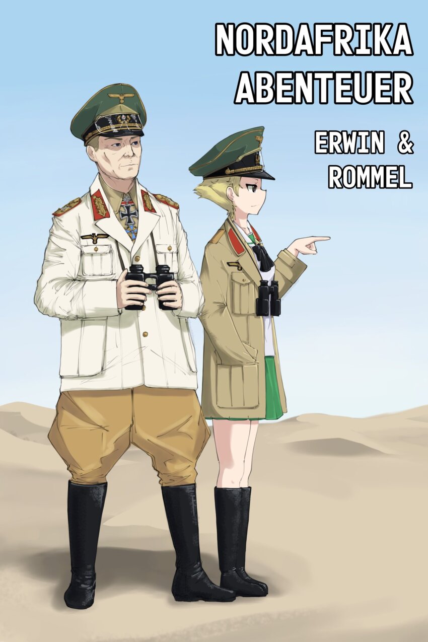 binoculars black_bow blonde_hair bow cross desert erwin_(girls_und_panzer) erwin_rommel german_text girls_und_panzer goggles goggles_on_headwear hat highres iron_cross jacket military_hat military_jacket ooarai_school_uniform pharaohetcaesar pointing sailor_collar school_uniform short_hair