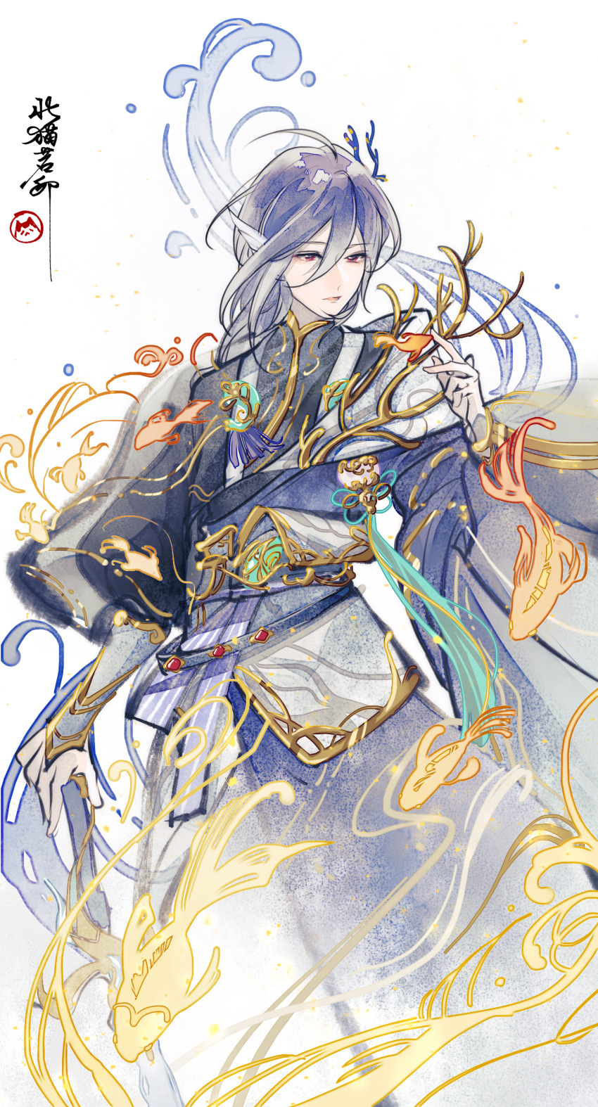 1boy absurdres arm_at_side arm_guards asymmetrical_sleeves black_shirt blue_hair blue_robe blue_sash catrom_nya chinese_clothes coral coral_hair_ornament feet_out_of_frame fins fish flying_fish gold_trim hair_between_eyes hand_up head_fins highres long_sleeves looking_at_animal looking_to_the_side male_focus mandarin_collar medium_hair parted_lips red_eyes robe sash seal_impression shirt shunde_raw_fish_(the_tale_of_food) single_sleeve solo standing tassel the_tale_of_food water white_background wide_sleeves