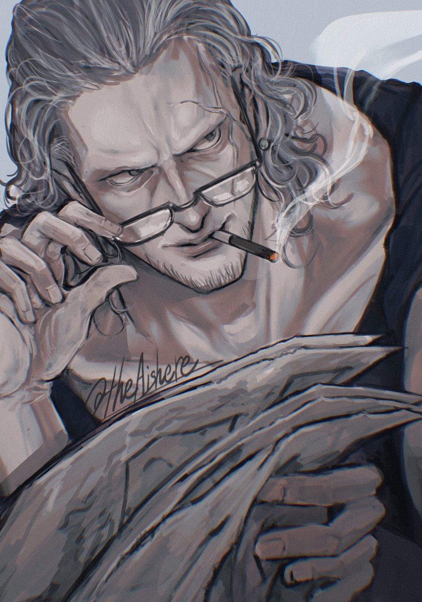 1boy adjusting_eyewear artist_name benn_beckman black_eyes black_shirt cigarette facial_hair glasses grey_hair highres holding holding_newspaper la_la_la_la male_focus medium_hair newspaper one_piece scar scar_on_face shirt smoke smoking solo