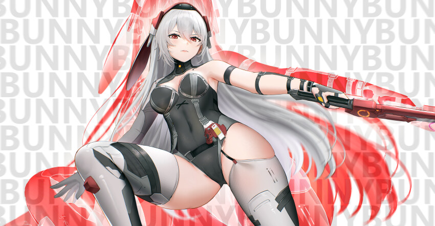 1girl absurdres animal_ears anoreika_tomoe armpit_crease black_leotard boots breasts cleavage closed_mouth collarbone commentary covered_navel english_commentary english_text fake_animal_ears frown girls&#039;_frontline girls&#039;_frontline_2:_exilium grey_hair hair_between_eyes highres holding holding_sword holding_weapon krolik_(girls&#039;_frontline_2) leotard long_hair looking_at_viewer mechanical_ears medium_breasts mole mole_on_collarbone narrowed_eyes rabbit_ears red_eyes solo standing sword thigh_boots thighhighs very_long_hair weapon white_thighhighs