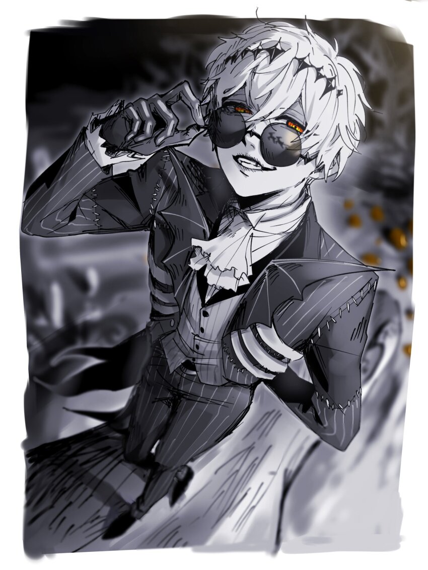 1boy adjusting_eyewear arm_behind_back bat_wings black_crown black_footwear blurry blurry_background border crown formal_clothes graveyard halloween highres jack_skellington jacket long_sleeves looking_at_viewer male_focus mitsuro_illust orange_eyes pinstripe_pattern pinstripe_suit round_eyewear short_hair skeleton skeleton_print smile smirk solo stitches striped_clothes striped_jacket suit sunglasses the_nightmare_before_christmas twisted_wonderland walking white_border white_hair wings