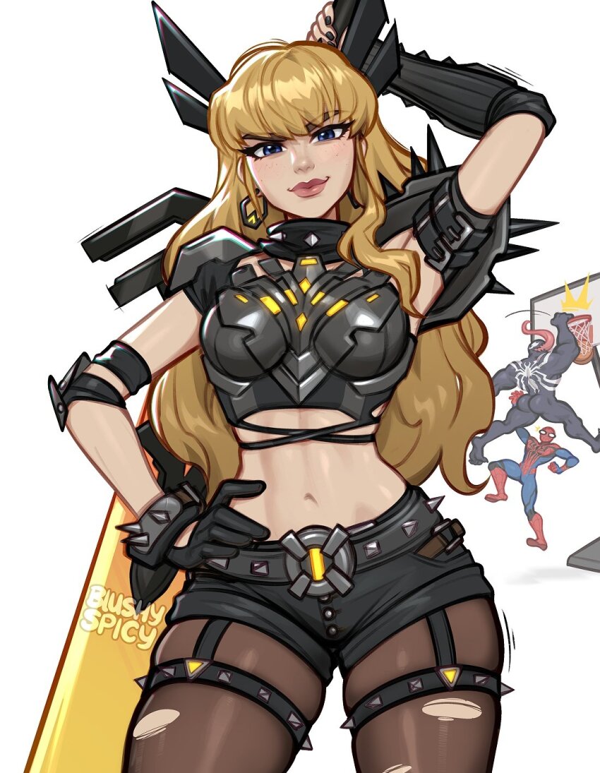 1girl 2boys animal_print arm_up armor artist_name ass ball basketball basketball_(object) belt black_armor black_belt black_gloves black_nails black_shorts blonde_hair blue_bodysuit blue_eyes blushyspicy bodysuit breasts brown_pantyhose cleavage cleavage_cutout clenched_hand closed_mouth clothing_cutout cowboy_shot crop_top earrings fingernails gauntlets gloves hand_on_own_hip highres holding holding_sword holding_weapon huge_weapon illyana_rasputina jewelry jumping lips long_hair long_tongue looking_at_viewer magik_(x-men) marvel marvel_rivals medium_breasts meme midriff multiple_boys muscular muscular_male navel open_mouth pantyhose red_bodysuit sharp_teeth short_shorts shorts simple_background single_earring smile spider-man spider-man_(series) spider_print spider_web_print standing superhero_costume sword symbiote teeth thighhighs tongue tongue_out torn_clothes torn_pantyhose two-tone_bodysuit venom_(marvel) venom_dunking_on_spider-man_(meme) watermark wavy_hair weapon white_background x-men