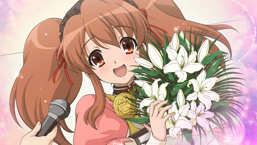 10s 1girl :d asahina_mikuru blush brown_eyes brown_hair female_focus flower game_cg hair_ribbon headdress highres holding microphone official_alternate_hairstyle official_art open_mouth ribbon smile solo suzumiya_haruhi_no_shoushitsu suzumiya_haruhi_no_tsuisou suzumiya_haruhi_no_yuuutsu twintails