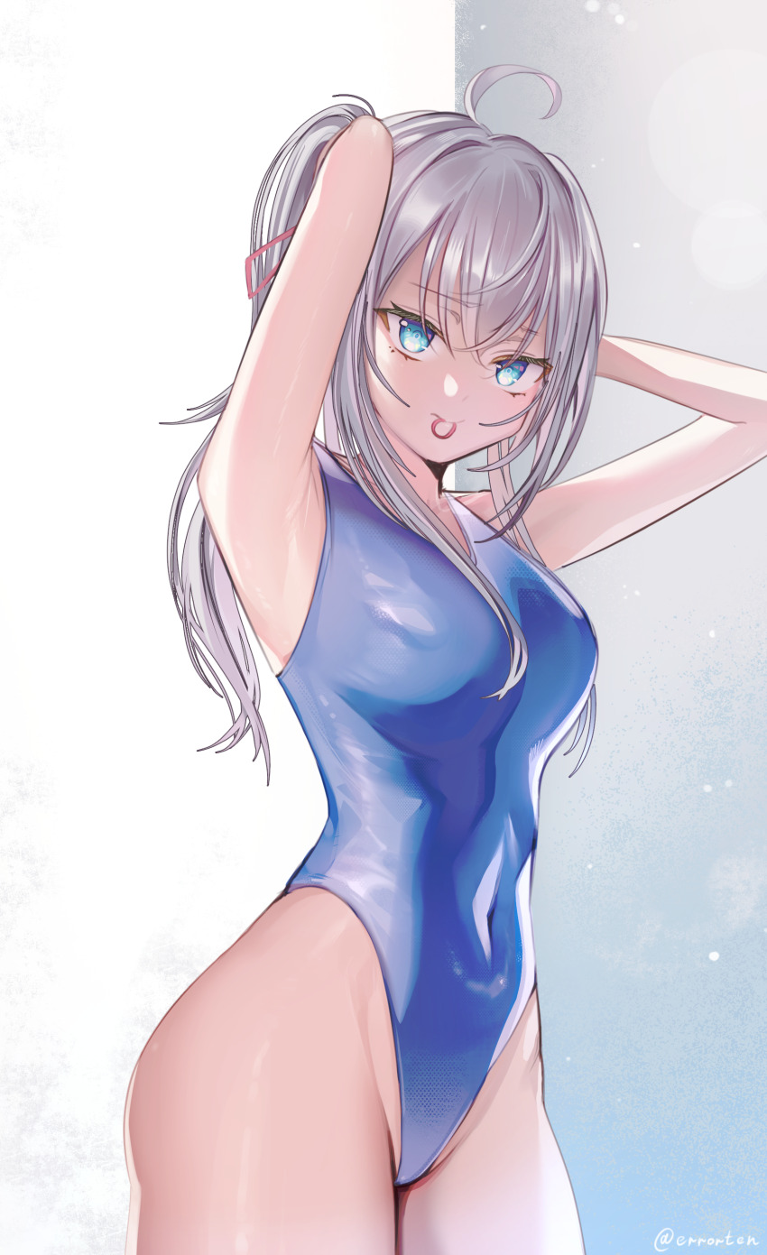 1girl absurdres adjusting_hair ahoge alisa_mikhailovna_kujou armpits arms_behind_head arms_up blue_eyes blue_one-piece_swimsuit breasts cowboy_shot erroten grey_hair groin hair_lift hair_tie_in_mouth hand_in_own_hair highleg highleg_one-piece_swimsuit highres long_hair looking_at_viewer medium_breasts mouth_hold one-piece_swimsuit solo swimsuit tokidoki_bosotto_roshia-go_de_dereru_tonari_no_alya-san twitter_username tying_hair