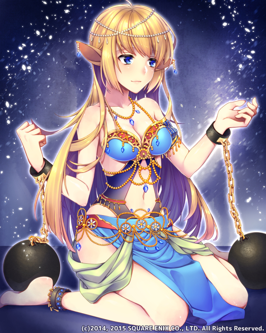 1girl ankle_cuffs anklet ball_and_chain_restraint bare_shoulders barefoot beads blonde_hair blue_eyes blue_gemstone breasts chain cleavage clothing_cutout collarbone earrings female_focus gem highres jewelry lost_crusade metal_ball momore_(peaches) navel navel_cutout pointy_ears sitting solo square_enix wariza