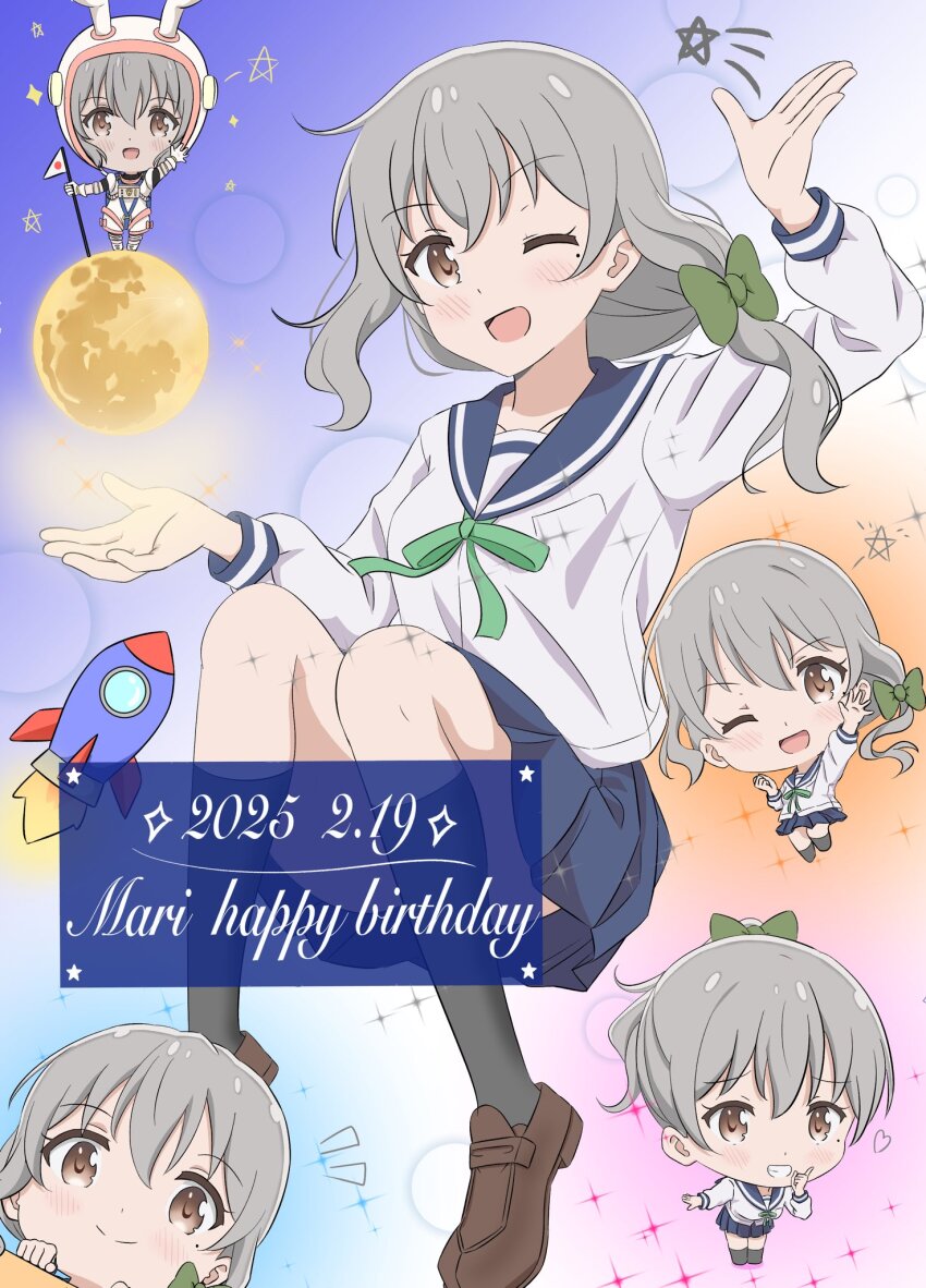 1girl 2025 astronaut birthday black_socks blue_sailor_collar blue_skirt blush bow character_name chibi closed_mouth collarbone convenient_censoring dated dot_nose english_text female_focus flag full_body grey_eyes grey_hair hair_bow hair_ornament happy_birthday koisuru_asteroid long_hair long_sleeves looking_at_viewer mole mole_under_eye moon morino_mari no_shoes one_eye_closed qb_(qb46311027) sailor_collar school_uniform serafuku shirt shoes skirt smile socks solo spacesuit sparkle standing star_(symbol) teeth waving white_shirt wink