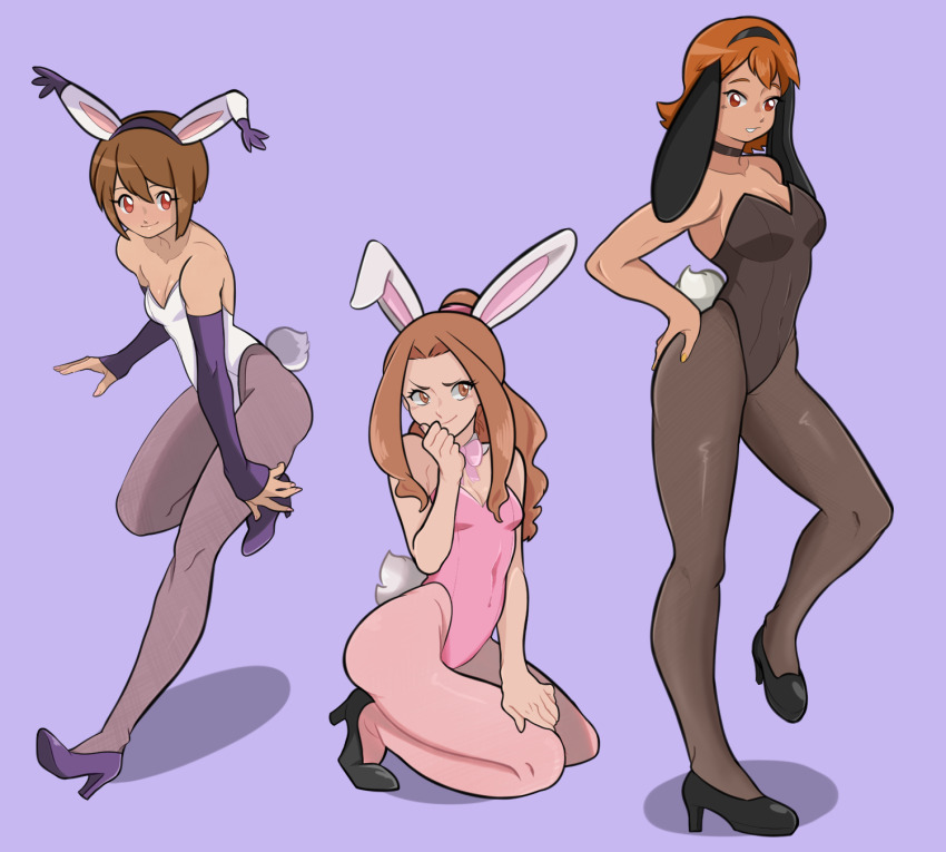 3girls brown_eyes brown_hair digimon highres leotard long_hair multiple_girls nail_polish orange_eyes orange_hair playboy_bunny tachikawa_mimi tailmon takenouchi_sora valtren yagami_hikari