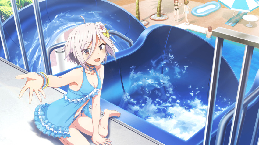 1girl :d ahoge bare_shoulders barefoot bikini blue_bikini blush breasts cleavage collarbone day flower frilled_bikini frills game_cg grey_hair hair_between_eyes hair_flower hair_ornament itomi_sayaka looking_at_viewer non-web_source official_art open_mouth pool purple_eyes reaching reaching_towards_viewer short_hair sitting small_breasts smile solo swimsuit toji_no_miko toji_no_miko:_kizamishi_issen_no_tomoshibi water water_slide wristband