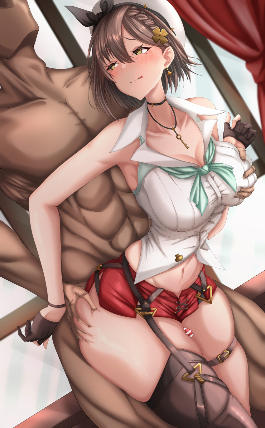 1boy 1girl absurdres atelier_(series) atelier_ryza bar_censor beret breasts brown_eyes brown_gloves brown_hair brown_thighhighs censored cleavage clothed_female_nude_male collarbone faceless faceless_male gloves grabbing_another&#039;s_breast grabbing_from_behind groping hair_ornament hat hetero highres jewelry key key_necklace large_breasts leather leather_belt leather_gloves necklace nude partially_fingerless_gloves penis red_shorts reisalin_stout short_hair short_shorts shorts thigh_sex thighhighs ville87804 white_hat