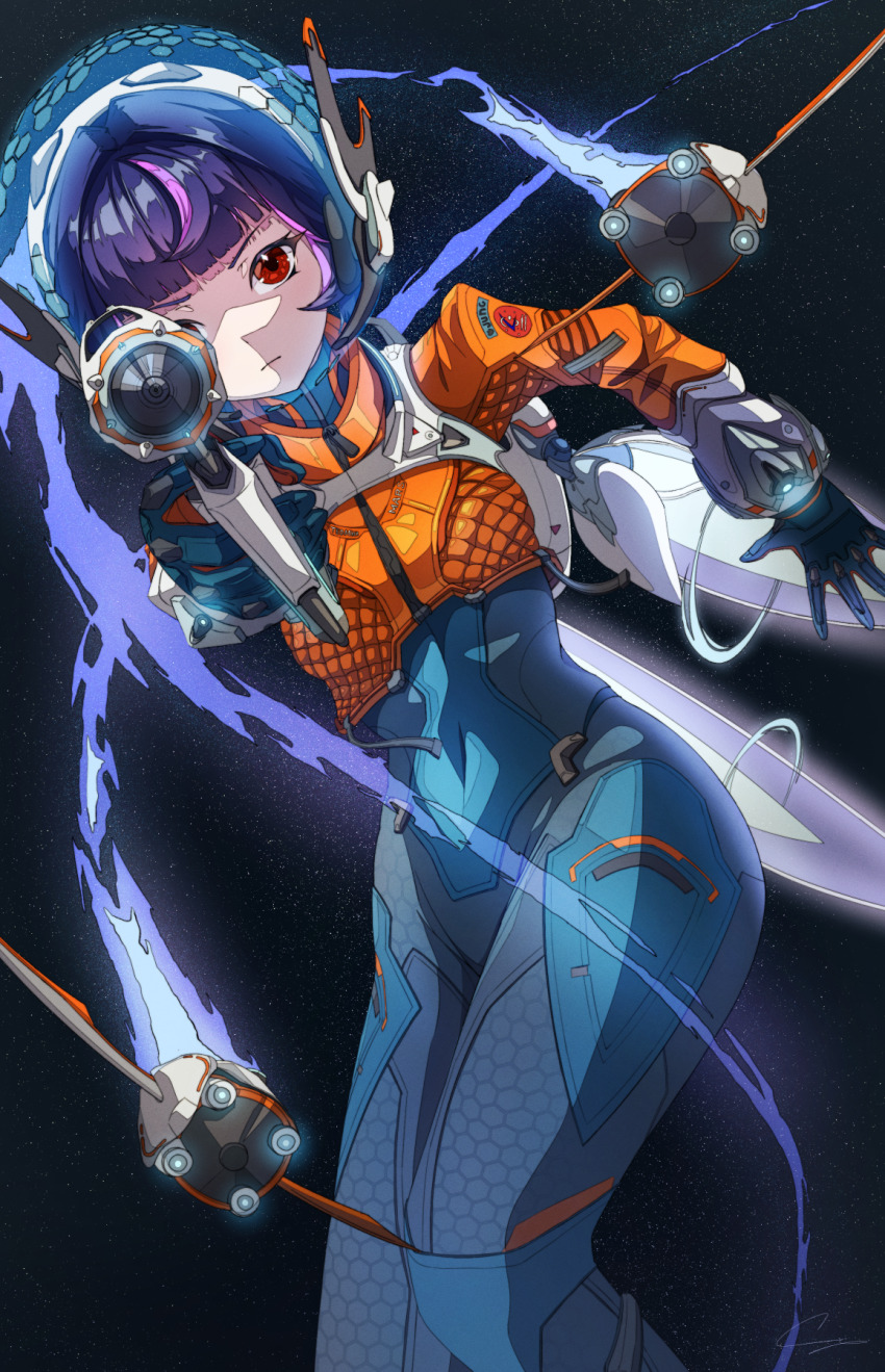 1girl blue_bodysuit bodysuit ci4 gun helmet highres holding holding_gun holding_weapon jacket juno_(overwatch) multicolored_hair orange_jacket overwatch pink_hair purple_hair red_eyes solo space_helmet spacesuit streaked_hair weapon