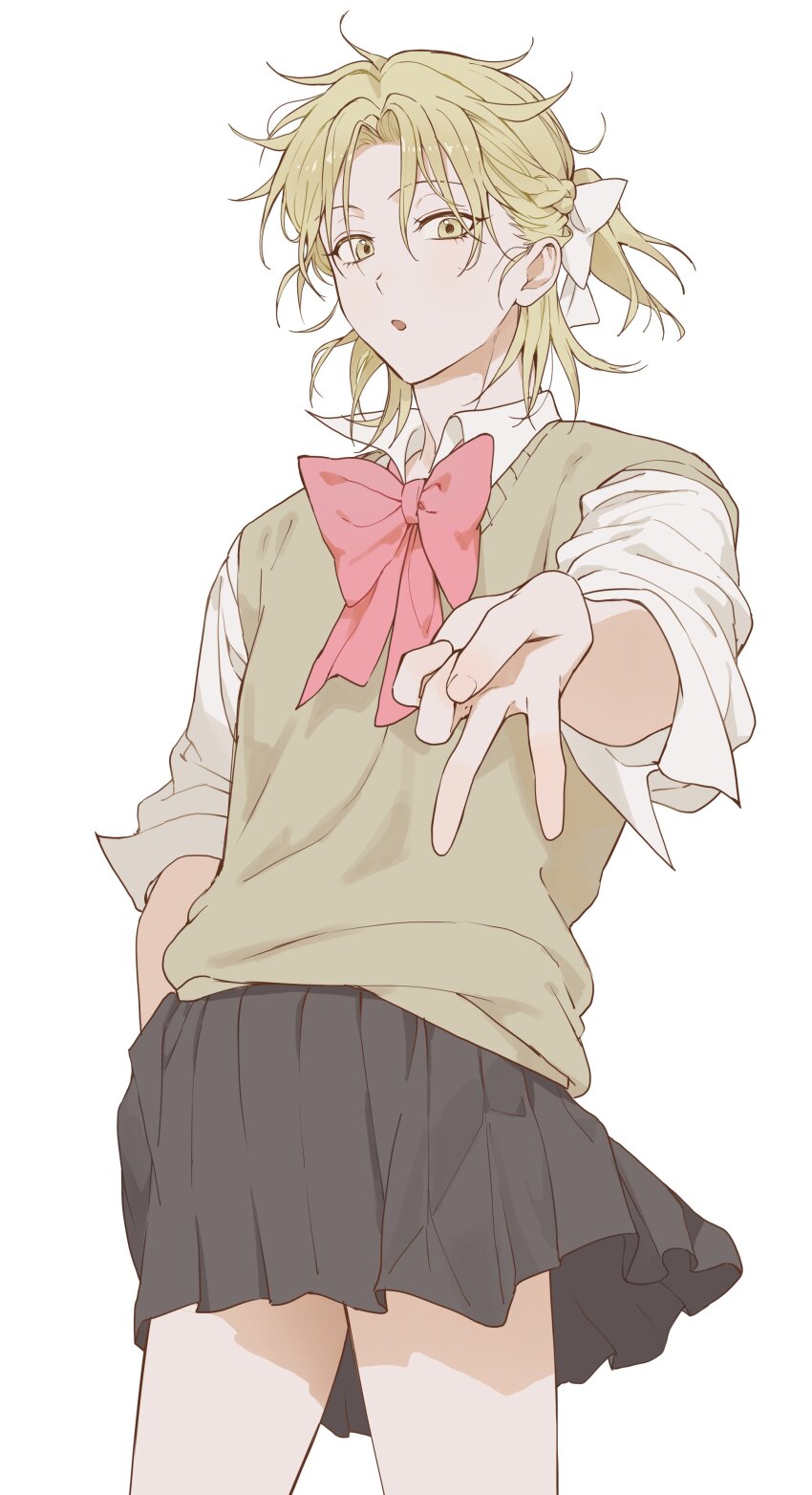 1boy 5_taku absurdres androgynous baek_eunyung black_skirt blonde_hair bow braid brown_vest collared_shirt crossdressing hair_bow half_updo highres male_focus medium_hair no_home_(manhwa) pink_bow school_uniform shirt short_ponytail simple_background skirt solo v vest white_background white_bow white_shirt yellow_eyes