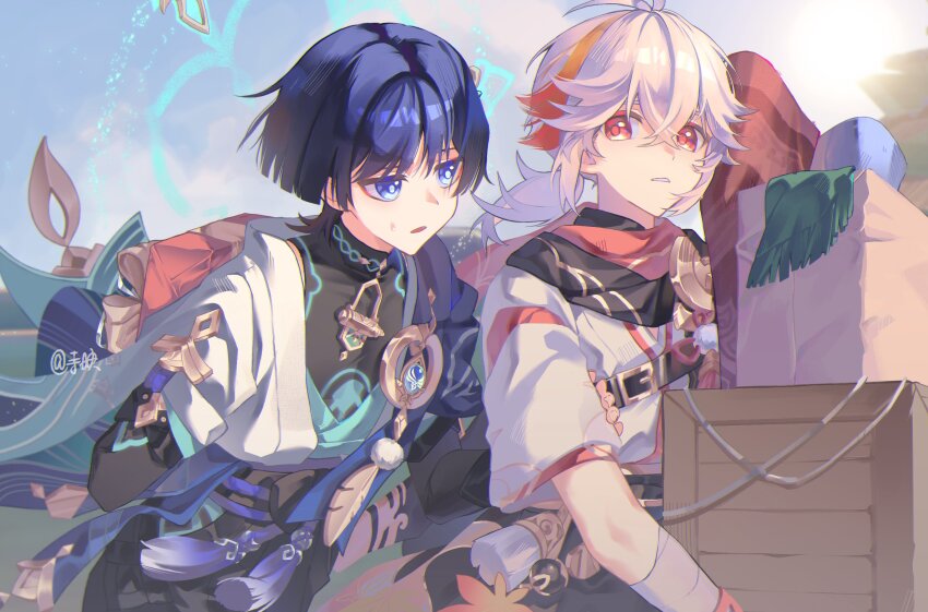 2boys armor bandaged_arm bandages black_hair blue_eyes blue_hair genshin_impact hair_between_eyes highres holding japanese_armor japanese_clothes kaedehara_kazuha kote kurokote male_focus mandarin_collar multicolored_hair multiple_boys parted_lips ponytail red_eyes red_hair scaramouche_(genshin_impact) siying streaked_hair sweat tassel twitter_username vision_(genshin_impact) wanderer_(genshin_impact) white_hair