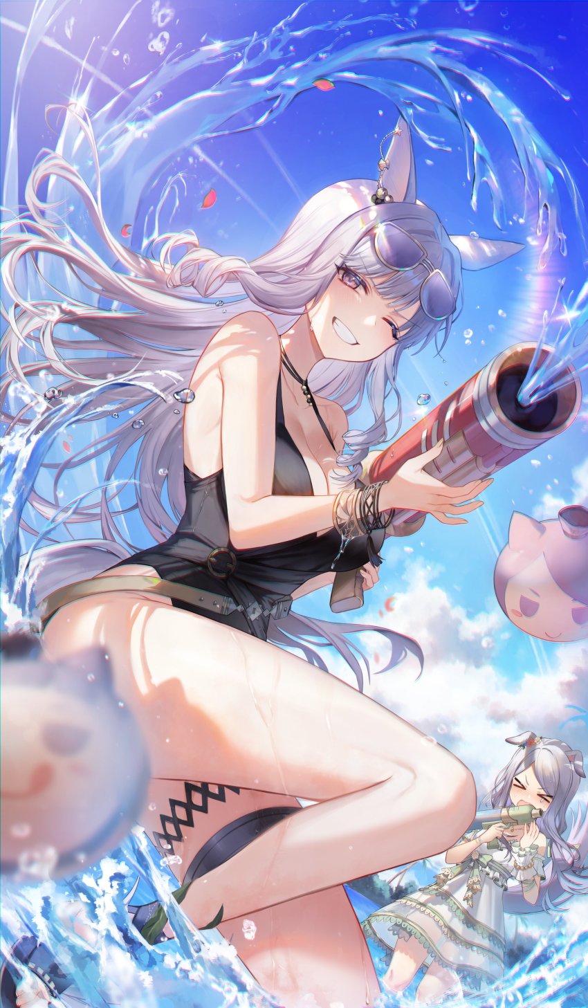 &gt;_&lt; 2girls absurdres animal_ears black_one-piece_swimsuit blue_sky breasts cleavage cloud collarbone day dress eyewear_on_head gold_ship_(run_revolt_launcher)_(umamusume) gold_ship_(umamusume) grey_hair gz_(gyoju) highres holding holding_water_gun horse_ears horse_girl horse_tail large_breasts long_hair looking_at_viewer mejiro_mcqueen_(ripple_fairlady)_(umamusume) mejiro_mcqueen_(umamusume) multiple_girls one-piece_swimsuit one_eye_closed outdoors purple_eyes sky smile summer sunglasses swimsuit tail umamusume water water_gun wet white_dress