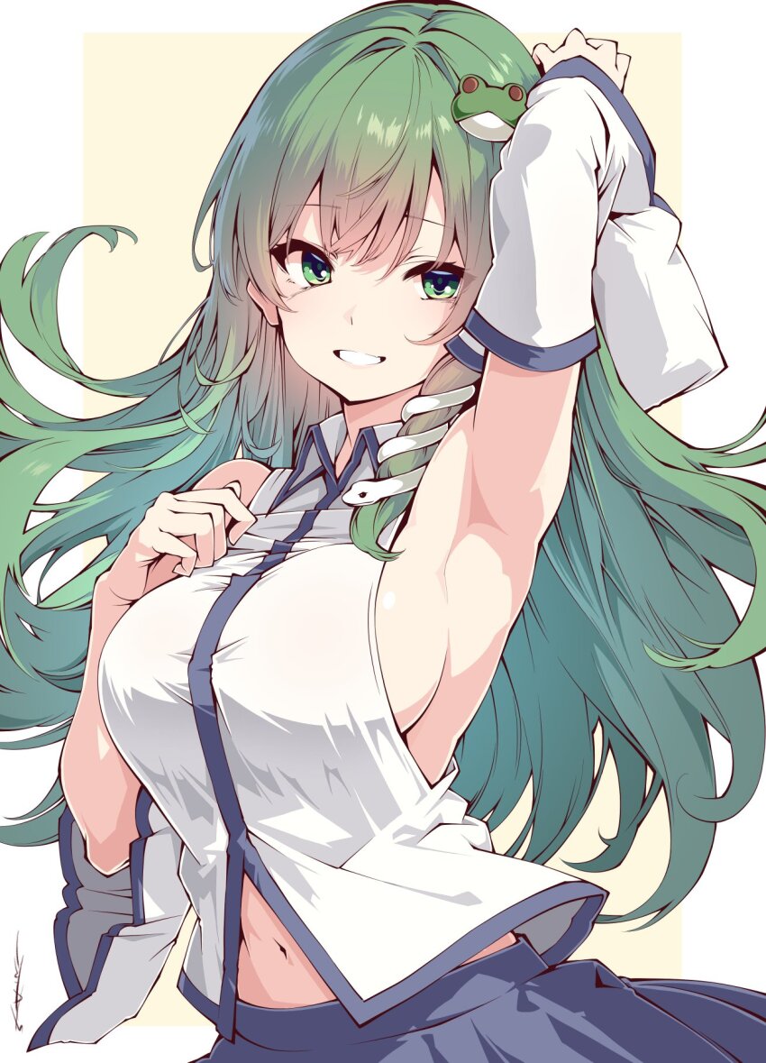 1girl armpits detached_sleeves green_eyes green_hair highres kochiya_sanae long_hair midriff navel nontraditional_miko sakakiba_misogi smile solo touhou