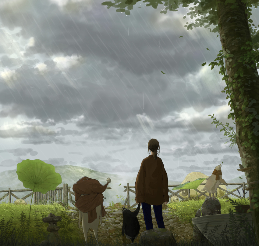 1girl absurdres animal bird black_pants brown_hat brown_scarf brown_shirt creature fence from_behind grass grey_sky hat highres holding_hands kusamie leaf mountainous_horizon nature original outdoors pants path penguin plant rain road rock scarf shirt sky tree wooden_fence