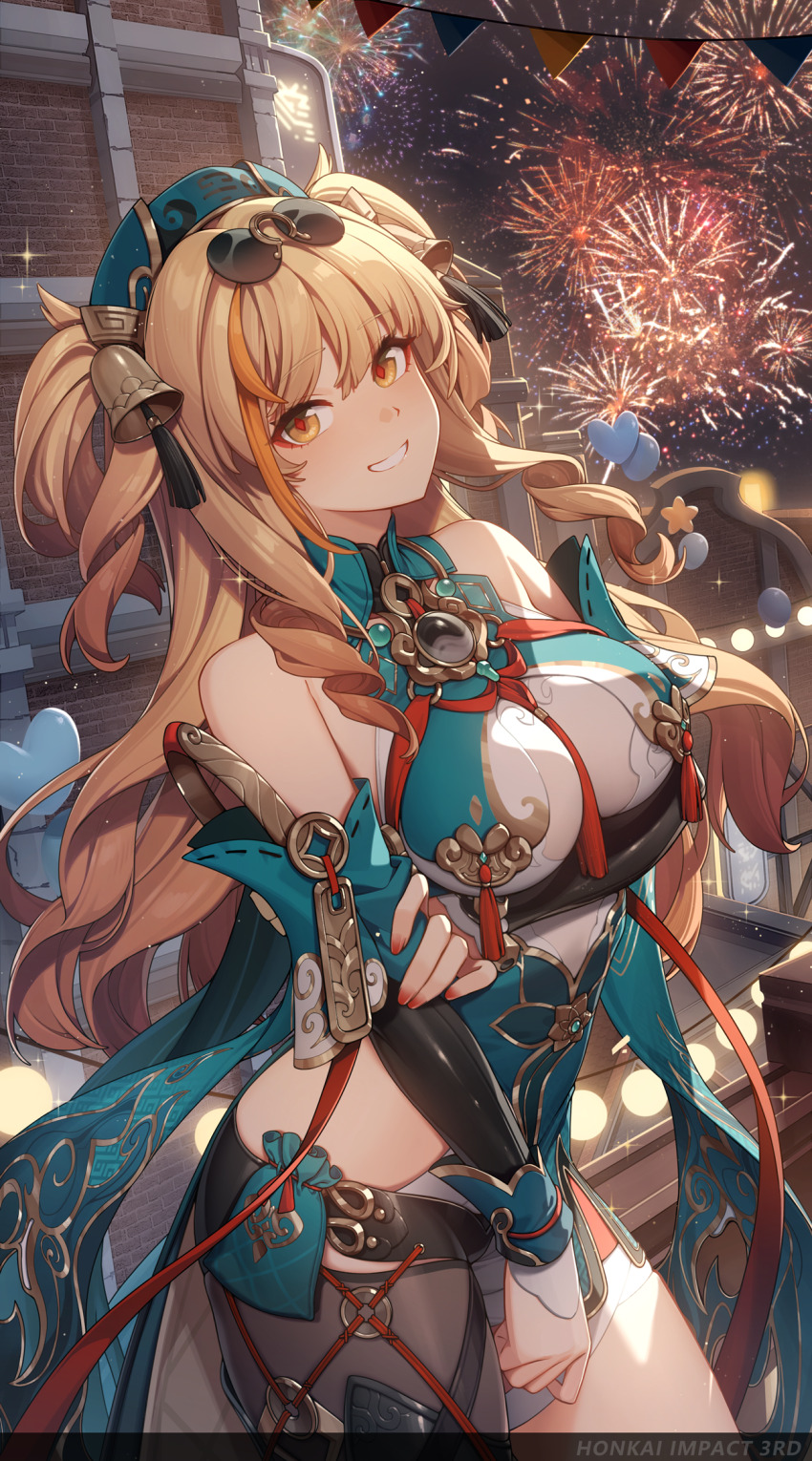 1girl bare_shoulders black-framed_eyewear blonde_hair breasts detached_sleeves drill_hair eyewear_on_head fireworks highres honkai_(series) honkai_impact_3rd large_breasts long_hair looking_at_viewer nail_polish official_alternate_costume official_art outdoors red_pupils solo songque songque_(jovial_deception:_shadowdimmer) twin_drills two_side_up yellow_eyes