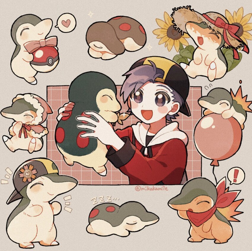 ! 1boy :d alternate_color backwards_hat balloon bandana baseball_cap black_hat blush blush_stickers brown_hat clothed_pokemon creatures_(company) cyndaquil ethan_(pokemon) flower flying_sweatdrops fur_trim game_freak gen_2_pokemon grey_eyes grey_hair hat hat_ribbon heart highres holding holding_poke_ball holding_pokemon jacket leaf long_sleeves mikakami1e nintendo notice_lines open_mouth pink_ribbon poke_ball poke_ball_(basic) pokemon pokemon_(creature) pokemon_hgss pokemon_mystery_dungeon red_jacket red_ribbon ribbon shiny_pokemon short_hair sleeping smile sparkle spoken_exclamation_mark spoken_heart straw_hat sunflower zzz