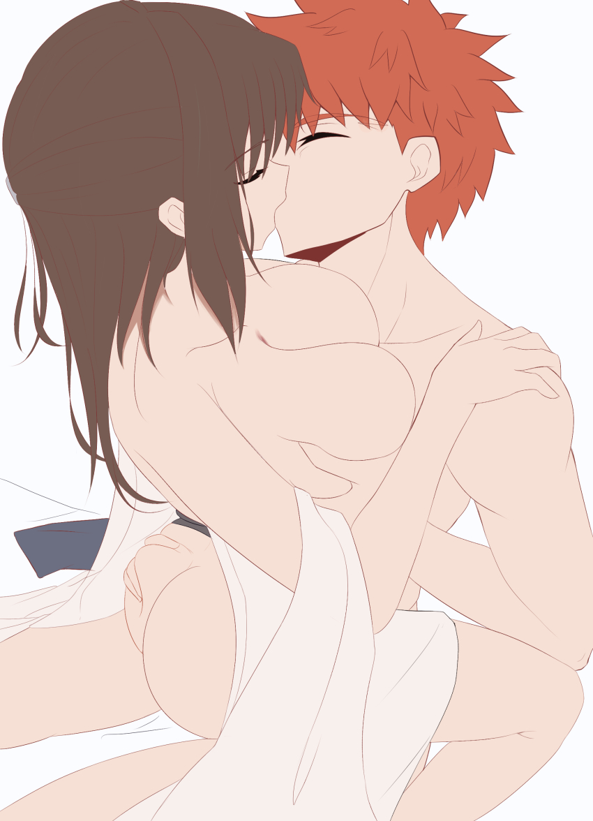 absurdres clothed_sex emiya_shirou fate/stay_night fate_(series) flat_color grabbing_another&#039;s_ass grabbing_another&#039;s_breast groping hetero highres implied_sex kara_no_kyoukai kiss nipples non-web_source nude penis pussy red_hair ryougi_shiki shokobr straddling