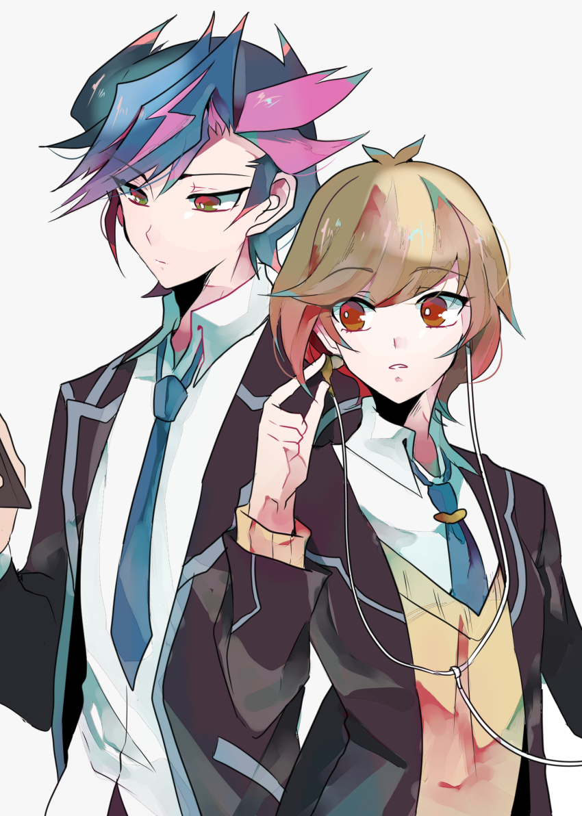 1boy 1girl black_jacket blue_hair blue_necktie brown_eyes brown_hair brown_sweater_vest cellphone colored_bangs dress_shirt earphones facing_to_the_side fujiki_yusaku highres holding holding_earphones holding_phone jacket looking_at_object looking_to_the_side necktie open_clothes open_jacket phone school_uniform shirt smartphone sweater_vest teketeke_(tasutekete) white_background white_shirt yu-gi-oh! yu-gi-oh!_vrains zaizen_aoi