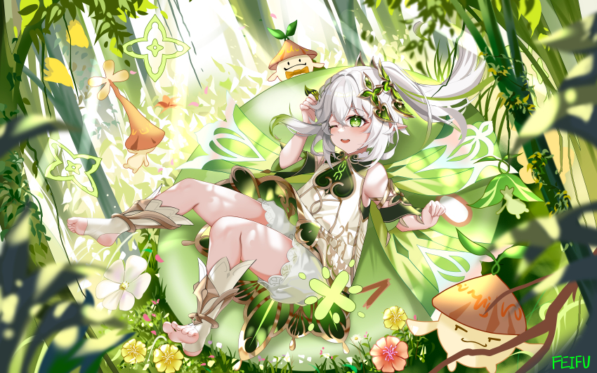 1girl absurdres aranara_(genshin_impact) artist_name bare_shoulders bloomers chinese_commentary commentary_request dappled_sunlight day detached_sleeves dress feifu floating_hair genshin_impact gold_trim gradient_hair green_eyes green_hair green_sleeves hair_ornament hand_up highres leaf_hair_ornament long_hair multicolored_hair nahida_(genshin_impact) one_eye_closed outdoors parted_lips partial_commentary pointy_ears side_ponytail sitting sleeveless sleeveless_dress solo stirrup_legwear sunlight symbol-shaped_pupils teeth toeless_legwear toes underwear upper_teeth_only white_bloomers white_dress white_hair