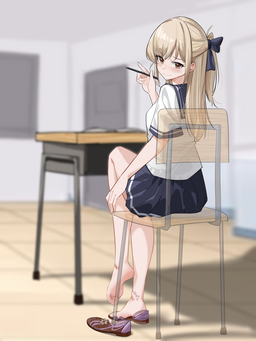 1girl absurdres barefoot blonde_hair blush brown_eyes chair classroom desk feet highres long_hair looking_at_viewer nanase_young sandals school_chair school_desk school_uniform see-through serafuku shoes sitting smile soles sweat toes unworn_sandals unworn_shoes