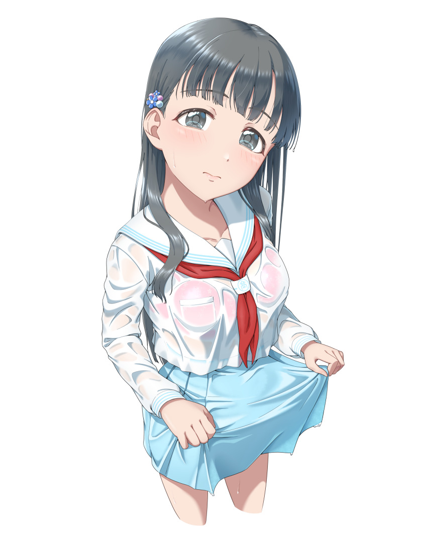 1girl absurdres amagamip aqua_skirt black_hair blush bra breasts commentary_request cropped_legs head_tilt highres idolmaster idolmaster_cinderella_girls kobayakawa_sae long_hair long_sleeves looking_at_viewer medium_breasts neckerchief pink_bra red_neckerchief school_uniform serafuku shirt simple_background skirt skirt_hold solo straight_hair underwear very_long_hair wet wet_clothes wet_shirt white_background white_shirt