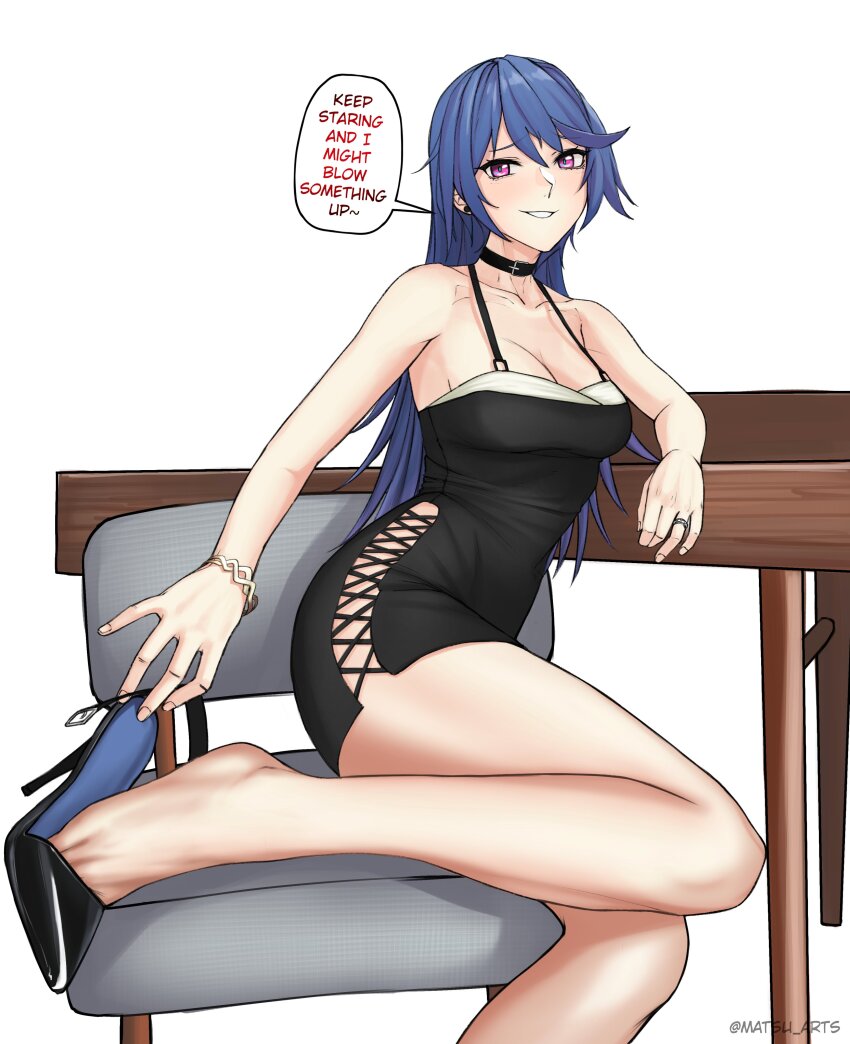 1girl absurdres alternate_costume black_choker black_dress black_footwear blue_hair bracelet breasts chair choker cleavage commentary commission cross-laced_clothes cross-laced_dress dress earrings english_commentary english_text feet girls&#039;_frontline high_heels highres jewelry k11_(girls&#039;_frontline) long_hair looking_at_viewer matsu_arts microdress parted_lips pink_eyes ring shoes simple_background sitting smile solo speech_bubble toe_cleavage twitter_username white_background