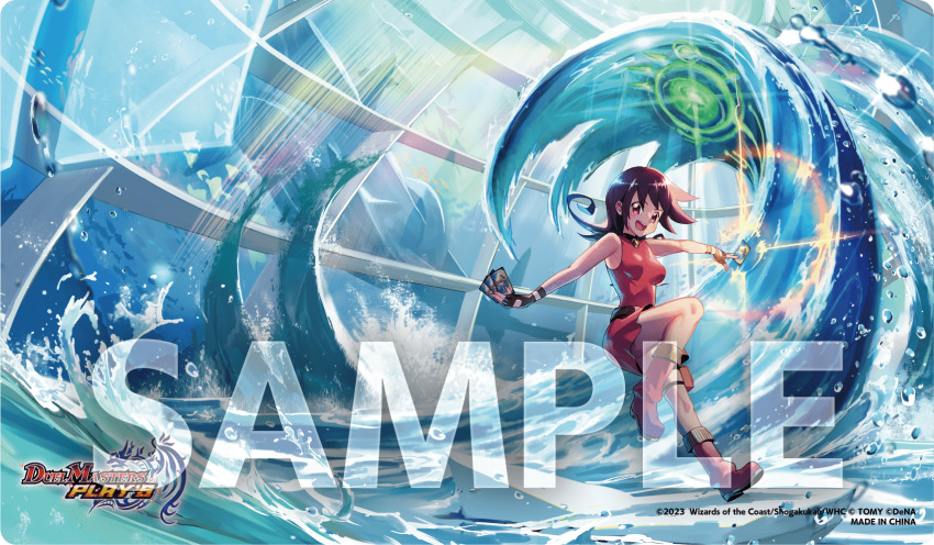 1girl artist_request breasts duel_masters duel_masters_play&#039;s fingerless_gloves gloves highres ocean official_art purple_hair red_eyes red_footwear sample_watermark shirt sleeveless sleeveless_shirt tagme tasogare_mimi watermark