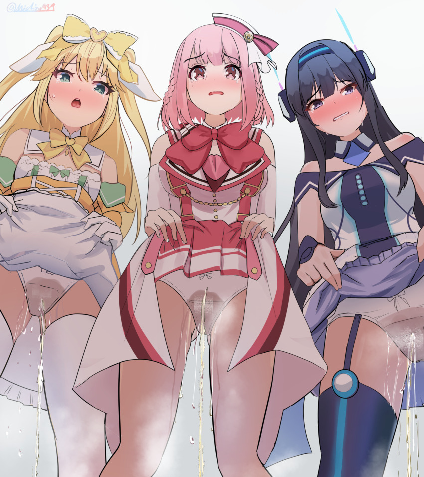 3girls black_hair blonde_hair blue_thighhighs bow bow_panties breasts clothes_lift commentary_request commission dress dress_lift fujisawa_yuzu garter_straps green_eyes highres hoshizaki_akari large_breasts lifting_own_clothes long_hair looking_at_viewer michinoku_(michino934) misumi_aoi multiple_girls ongeki panties pee peeing peeing_self pink_eyes pink_hair purple_eyes short_hair simple_background skeb_commission small_breasts textless_version thighhighs underwear variant_set white_background white_panties white_thighhighs