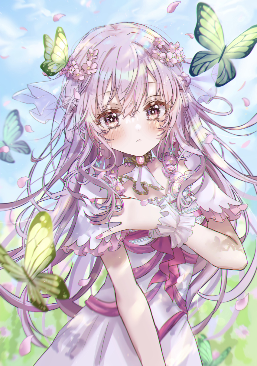 1girl absurdres closed_mouth dress flat_chest frills hair_ornament hand_on_own_chest highres long_hair original pink_dress pink_eyes pink_hair shiny_skin shinzousan simple_background veil very_long_hair white_dress