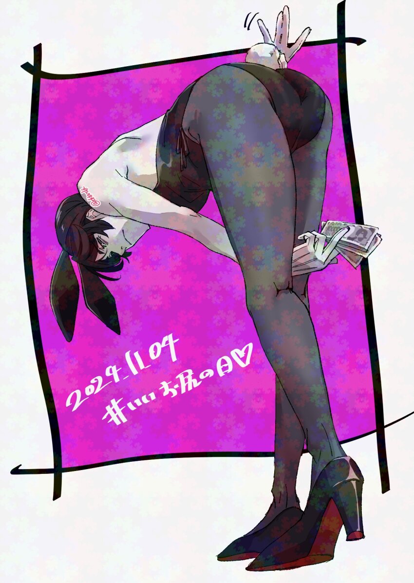 1boy animal_ears ass bare_shoulders bent_over black_footwear black_hair black_leotard black_pantyhose closed_mouth dated fake_animal_ears fake_tail full_body hatahata_(okkrslk) high_heels highres kaiki_deishuu leotard male_focus male_playboy_bunny monogatari_(series) nisemonogatari pantyhose playboy_bunny rabbit_boy rabbit_ears rabbit_tail short_hair solo standing strapless strapless_leotard tail