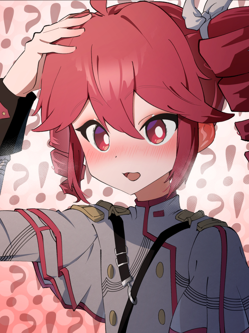 !? 1girl ahoge black_sleeve_cuffs blush bow buttons double-parted_bangs drill_hair ear_blush embarrassed fin_gocco hair_between_eyes hair_bow hand_on_own_head highres jacket kasane_teto kasane_teto_(sv) open_mouth portrait red_eyes red_hair red_trim shoulder_belt sleeve_cuffs solo striped_clothes striped_jacket synthesizer_v tongue twin_drills utau white_bow