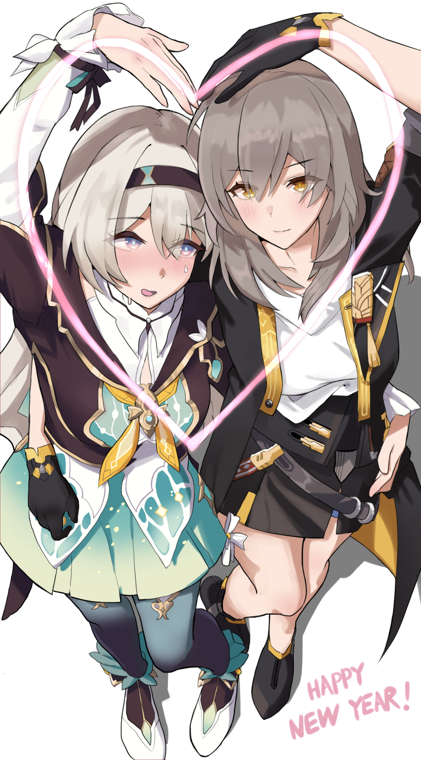 2girls absurdres aqua_skirt aqua_thighhighs arm_around_waist arm_up black_footwear black_gloves black_hairband black_jacket black_skirt blue_pupils blush boots closed_mouth collared_shirt commentary_request english_text firefly_(honkai:_star_rail) from_above full_body gloves grey_hair hair_between_eyes hairband happy_new_year heart_arms_duo highres honkai:_star_rail honkai_(series) jacket long_hair long_sleeves looking_at_another looking_at_viewer multiple_girls neckerchief new_year open_clothes open_jacket open_mouth orange_neckerchief shirt shoes simple_background skirt stelle_(honkai:_star_rail) sweatdrop thighhighs trailblazer_(honkai:_star_rail) two-tone_eyes white_background white_footwear white_shirt yamame_012 yellow_eyes