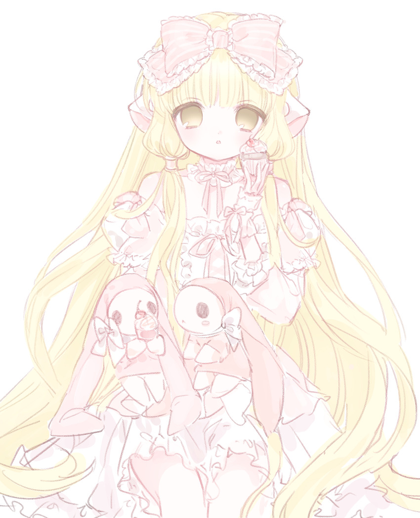 1girl atashi_(chobits) blonde_hair bow chii chobits choker cupcake dress expressionless food frilled_choker frilled_dress frills hair_bow highres holding holding_food long_hair looking_at_viewer low_twintails mipi_(u3u_00) off-shoulder_dress off_shoulder parted_lips pink_bow pink_dress puffy_short_sleeves puffy_sleeves robot_ears robot_girl short_sleeves simple_background sitting sketch solo straight_hair twintails very_long_hair white_background