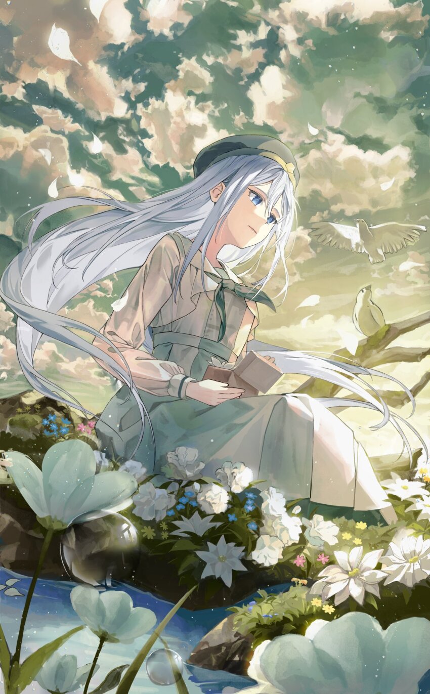 1girl ano_hi_kanadeta_neiro_wo_(project_sekai) beret bird black_hat blue_eyes blue_flower blue_hair cloud cloudy_sky commentary_request cosplay dress flower flower_request green_neckerchief green_sailor_collar hat highres long_hair neckerchief official_alternate_costume outdoors pink_flower project_sekai sailor_collar shirushi_06 sky solo white_bird white_dress white_flower yellow_flower yoisaki_kanade