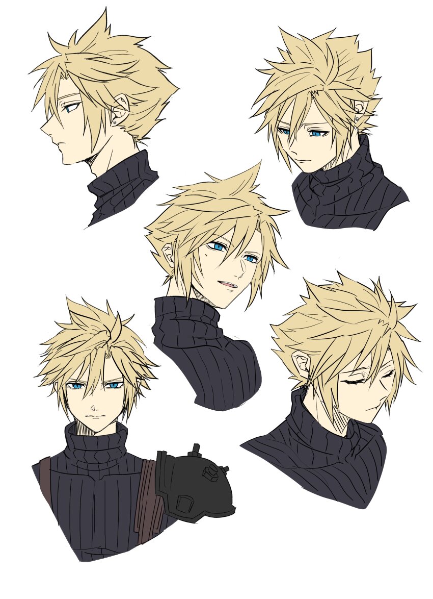 1boy 26caaan absurdres aqua_eyes armor blonde_hair blue_shirt closed_eyes cloud_strife earrings expressions final_fantasy final_fantasy_vii final_fantasy_vii_rebirth final_fantasy_vii_remake hair_between_eyes highres jewelry male_focus multiple_views open_mouth shirt short_hair shoulder_armor single_bare_shoulder single_earring single_shoulder_pad solo spiked_hair suspenders turtleneck white_background