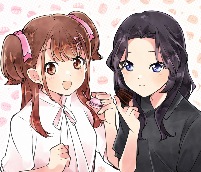 22/7 2girls :d black_shirt blue_eyes blush bow brown_eyes brown_hair chocolate closed_mouth fanged_bangs food food-themed_background grey_hair hair_bow hair_intakes hair_ornament holding holding_chocolate holding_food long_hair looking_at_food macaron multiple_girls open_mouth orihara_sumika parted_bangs pink_bow sera_honoka shirt short_sleeves smile trefle_r two_side_up upper_body wavy_hair white_shirt