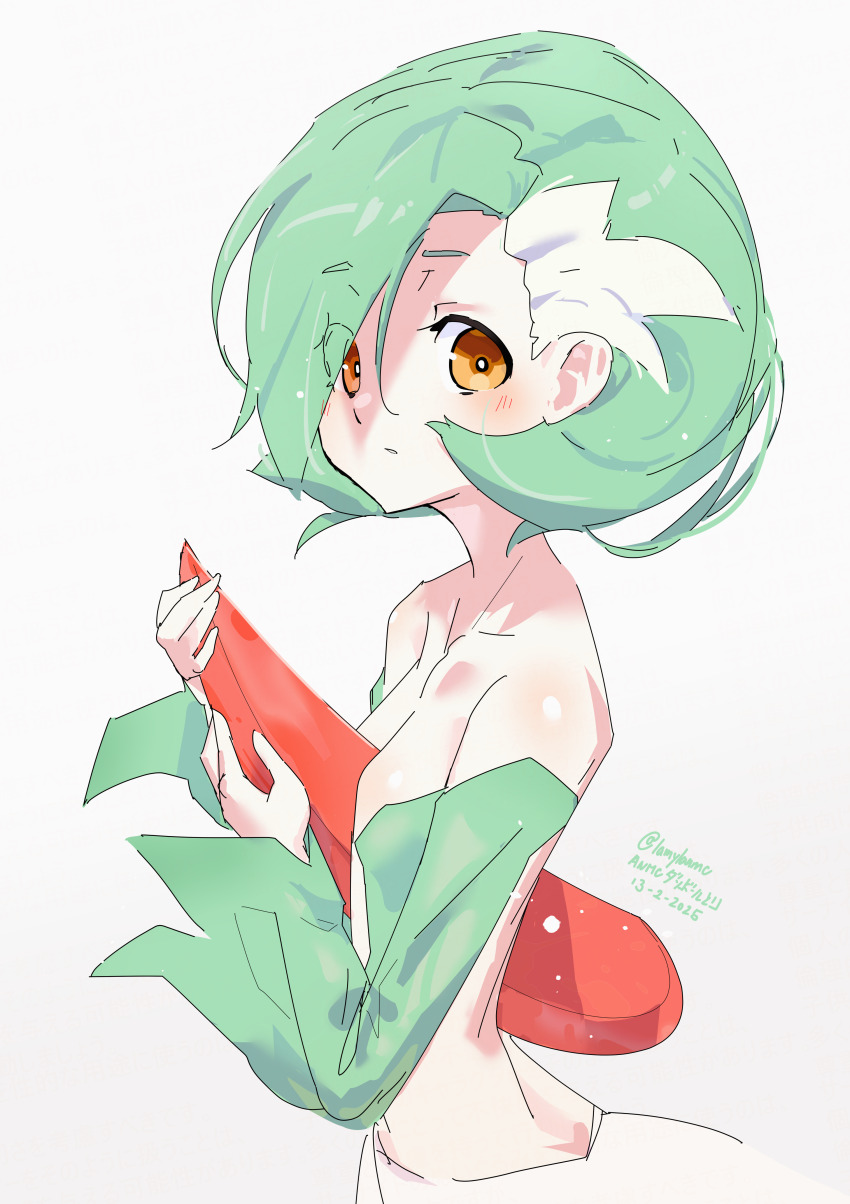 1girl anmc artist_name bare_shoulders bob_cut breasts closed_mouth collarbone creatures_(company) crop_top dated female_focus from_side game_freak gardevoir gen_3_pokemon green_hair green_shirt hair_between_eyes hands_up humanization long_sleeves looking_at_viewer multicolored_hair nintendo off-shoulder_shirt off_shoulder orange_eyes parted_lips pokemon pokemon_(creature) revealing_clothes shirt short_hair signature sketch small_breasts solo standing twitter_username two-tone_hair upper_body white_hair