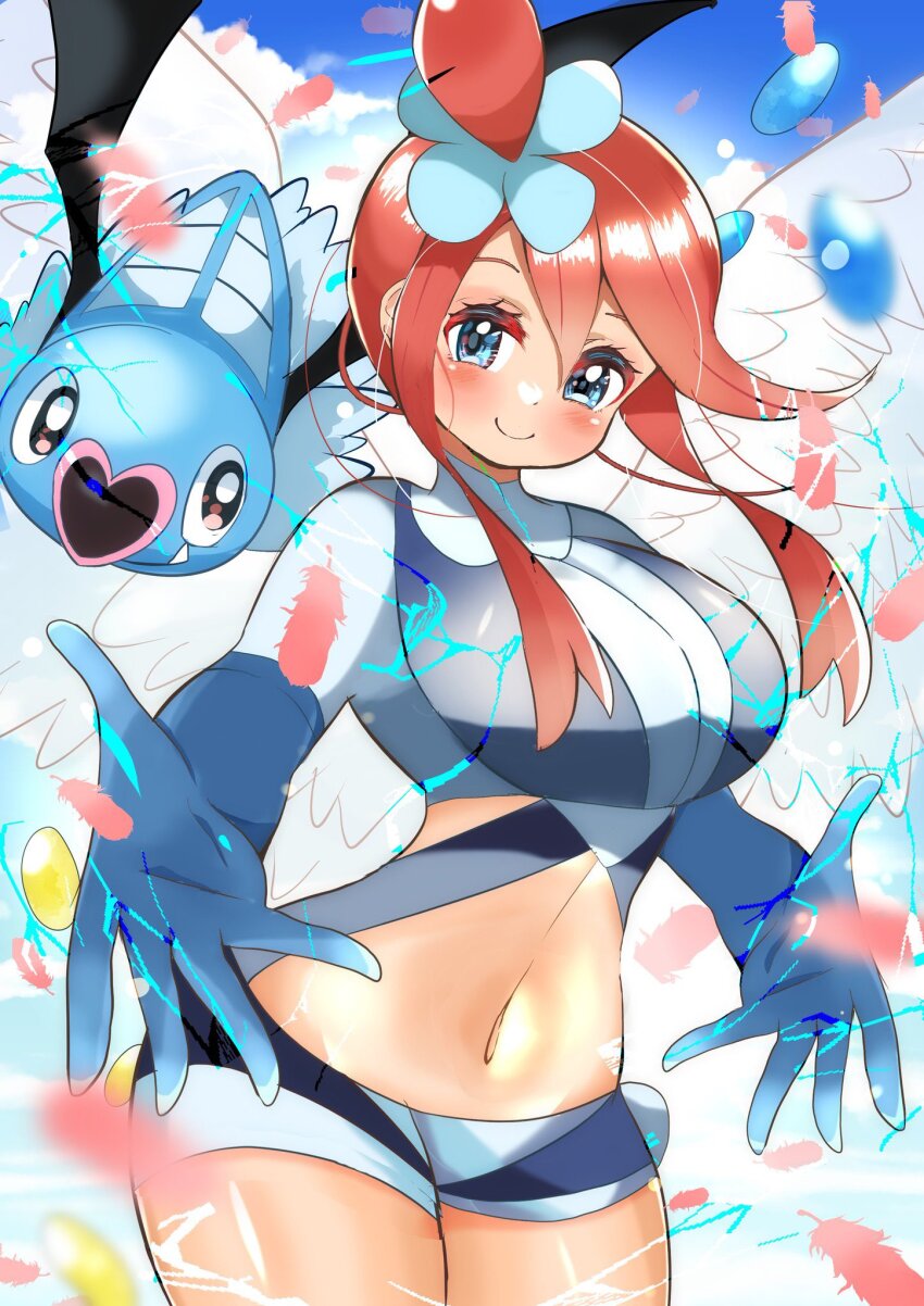 1girl blue_eyes blue_gloves blue_shirt blue_shorts blue_sky blush breasts carrot_summer closed_mouth cloud creatures_(company) crop_top day elbow_gloves eyelashes feathered_wings feathers game_freak gen_5_pokemon gloves hair_between_eyes highres large_breasts long_hair midriff navel nintendo outdoors pink_feathers pokemon pokemon_(creature) pokemon_bw red_hair shirt short_shorts shorts sky skyla_(pokemon) smile swoobat white_wings wings