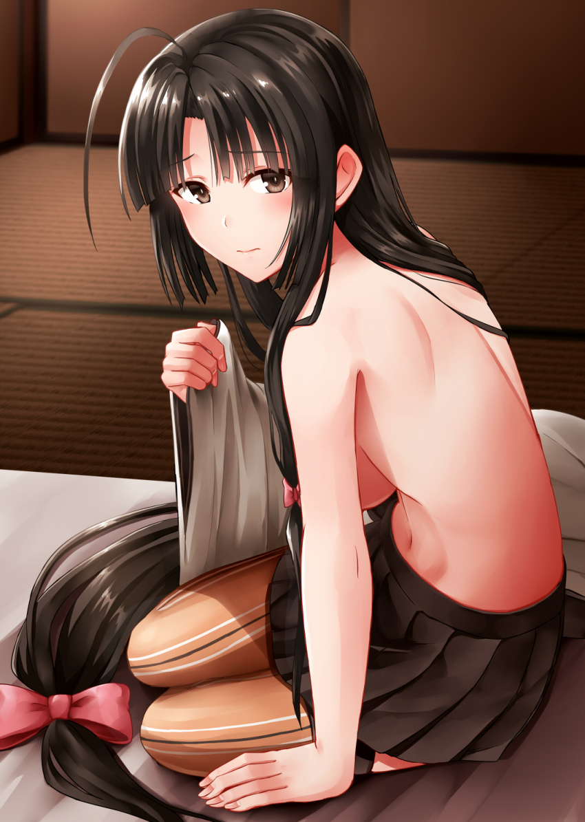 1girl ahoge arm_support black_hair black_skirt blush breasts brown_eyes hair_ribbon hakama hakama_short_skirt hakama_skirt highres holding japanese_clothes kamelie kantai_collection long_hair looking_at_viewer low-tied_long_hair medium_breasts navel pleated_skirt ponytail ribbon shouhou_(kancolle) sitting skirt solo thighhighs topless