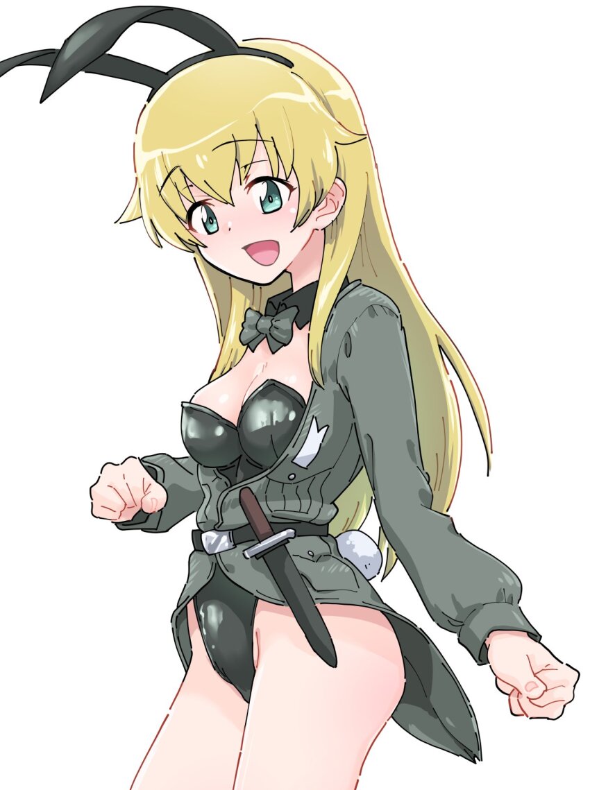 1girl animal_ears anzio_military_uniform blonde_hair blush bow bowtie breasts carpaccio_(girls_und_panzer) cleavage dagger fake_animal_ears fake_tail girls_und_panzer green_bow green_bowtie green_eyes green_leotard highres knife large_breasts leotard long_hair looking_at_viewer military_uniform monolith_(suibou_souko) open_mouth playboy_bunny rabbit_ears rabbit_tail simple_background smile solo tail weapon white_background