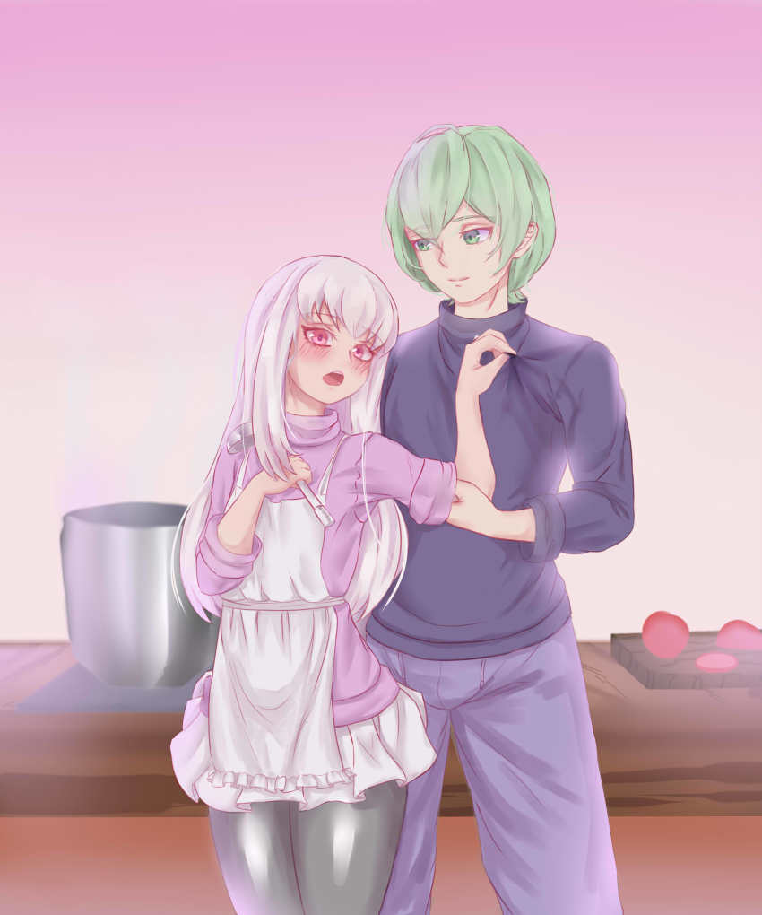 1boy 1girl absurdres alternate_costume apron blue_eyes blue_hair blush byleth_(fire_emblem) byleth_(male)_(fire_emblem) couple cutting_board fire_emblem fire_emblem:_three_houses green_eyes green_hair height_difference highres holding lysithea_von_ordelia megayecgaa nintendo open_mouth pink_eyes pot simple_background sleeves_rolled_up smile sweater white_background white_hair