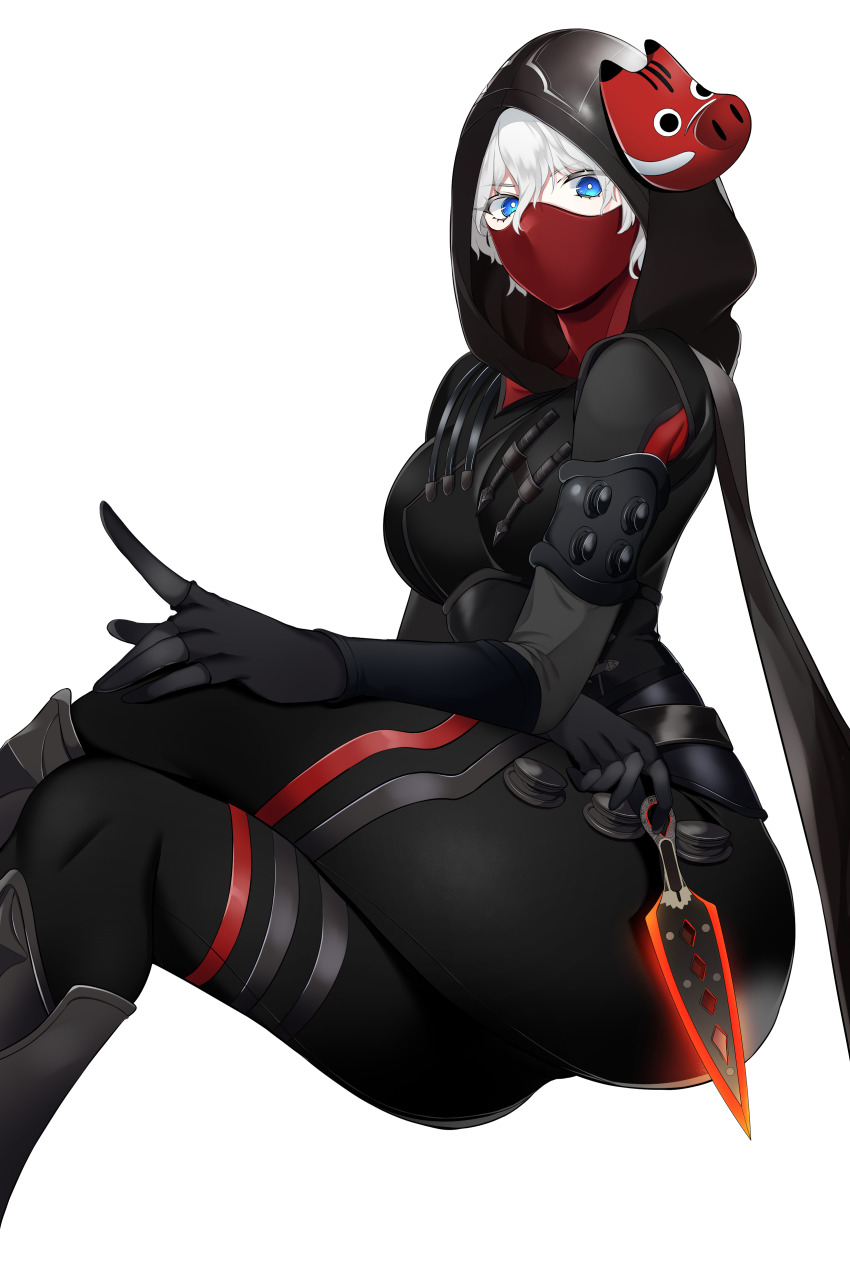 1girl absurdres akabeko akanobeko_(kubisuwaran) apex_legends black_bodysuit black_gloves blue_eyes bodysuit cosplay crossed_legs genderswap genderswap_(mtf) gloves hand_on_own_knee highres hope&#039;s_dawn_(apex_legends) kunai looking_at_viewer mask mask_on_head original pig_mask pointing pointing_up rift_stalker_wraith short_hair sitting solo vanvan_62 weapon white_background white_hair wraith_(apex_legends) wraith_(apex_legends)_(cosplay)