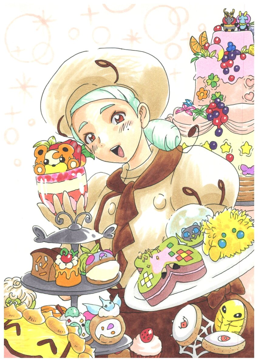 1girl alternate_eye_color apron ascot bakery berry_(pokemon) blush bow breasts brown_apron brown_ascot brown_eyes brown_skirt bug butterfree buttons cake cascoon character-themed_food chef chef_hat cheri_berry creatures_(company) cupcake dewpider food fruit game_freak gen_1_pokemon gen_2_pokemon gen_3_pokemon gen_5_pokemon gen_7_pokemon gloves green_hair hat highres holding holding_tray icing illumise joltik kakuna katy_(pokemon) layer_cake leppa_berry low_side_ponytail mago_berry masquerain mint mint_(pokemon) mole mole_on_cheek nintendo open_mouth orange_(fruit) orange_slice painting_(medium) parfait pokemon pokemon_(creature) pokemon_sv pomeg_berry puffy_short_sleeves puffy_sleeves shirt shop short_sleeves silcoon skirt smile solo spider_web_print star_(symbol) strawberry sunflora swadloon sweets tarountula tea_set teddiursa tiered_tray traditional_media tray underbust user_xtvr5433 volbeat waist_apron watercolor_(medium)