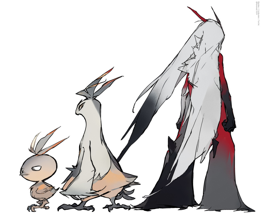 absurdres animal_focus artist_name back_turned bird blank_eyes blaziken character_name chick chicken colored_extremities combusken commentary creatures_(company) dated english_commentary evolutionary_line from_behind from_side full_body furry game_freak gen_3_pokemon highres keroreud looking_at_viewer nintendo no_humans pokemon pokemon_(creature) simple_background standing three_quarter_view torchic turning_head white_background