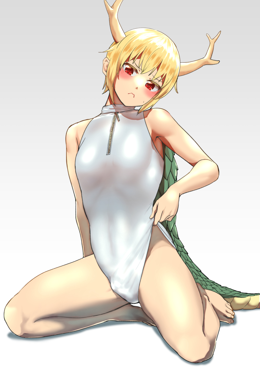 1futa antlers blonde_hair blush breasts bulge dragon_girl dragon_horns dragon_tail futanari highres horns kicchou_yachie leotard nekobatake red_eyes short_hair simple_background sitting small_breasts solo tail thighs touhou turtle_shell wariza white_background white_leotard zipper